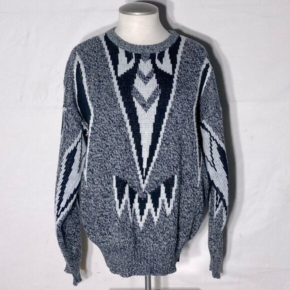 Vintage 90s Montello Black And White Dad Sweater With Faux Leather Patches M - Picture 1 of 14